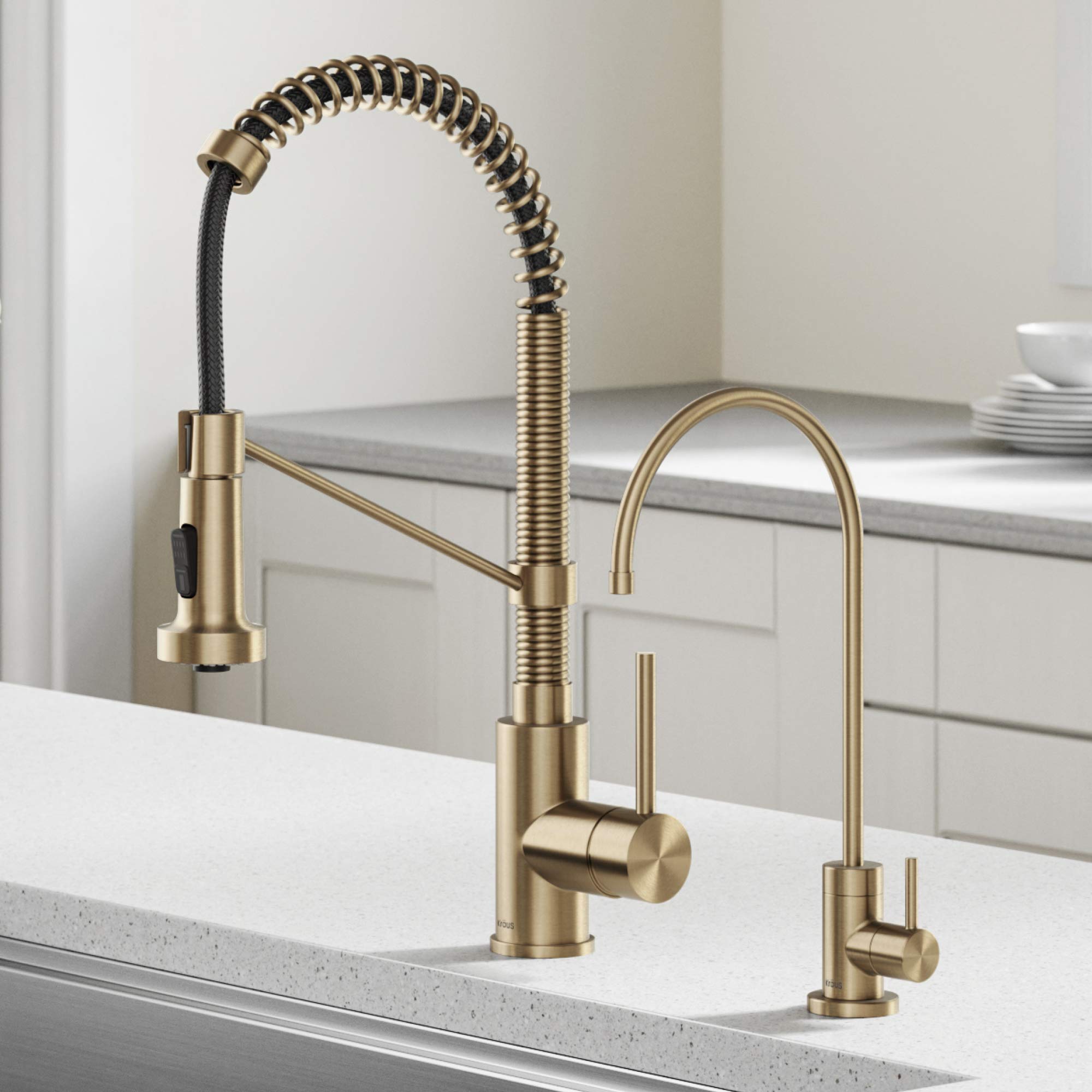 Kraus KPF-1610-FF-100BG Bolden Commercial Style Pull-Down Kitchen Purita Water Filter Faucet Combo, Brushed Gold