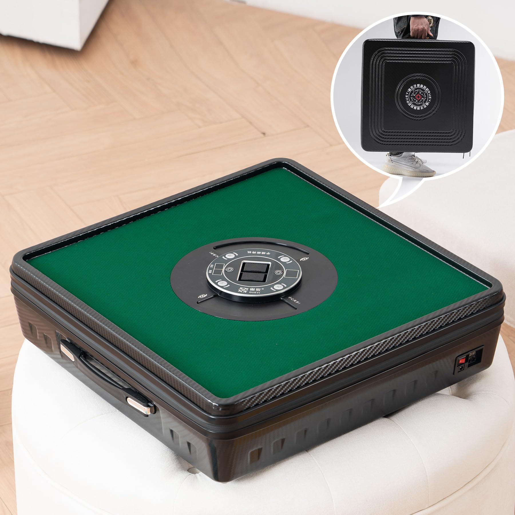 Photo 1 of Portable Automatic Mahjong Table with Shuffler, Chinese Mahjong Set with Rack/Pushers, Beautiful Mahjong Sets for Home & Outdoor Leisure, Gifts For Mahjong Players, No Assembly,Travel Sized (Black)