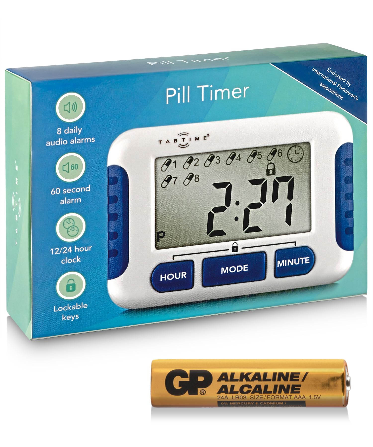 TabTime Timer Electronic Pill Reminder with 8 Alarms per Day - Essential for Parkinson's Patients - Daily Medication Reminder - Battery Operated Medication Aid​