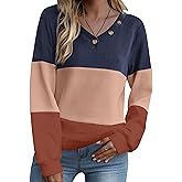 Zeagoo Women Waffle Knit Tops V Neck Long Sleeve Tunics Color Block Casual Blouse Fall Fashion 2026 Button Decor T Shirt