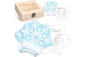 RattanView 50 Pcs Double Side Baby It's Cold Outside Blue Snowflake Winter Woodland Boys Baby Shower Party Advice and Prediction Cards Game Decor with Wooden Keepsake Box for Winter Christmas Party