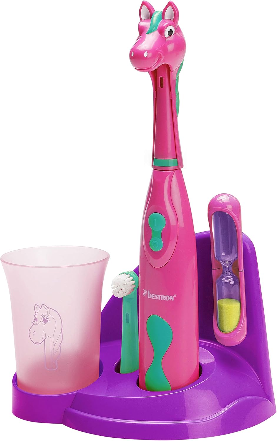 Beston - Cepillo de Dientes Eléctrico para Niños "Pretty Pony" con Vaso, Reloj de Arena y Soporte