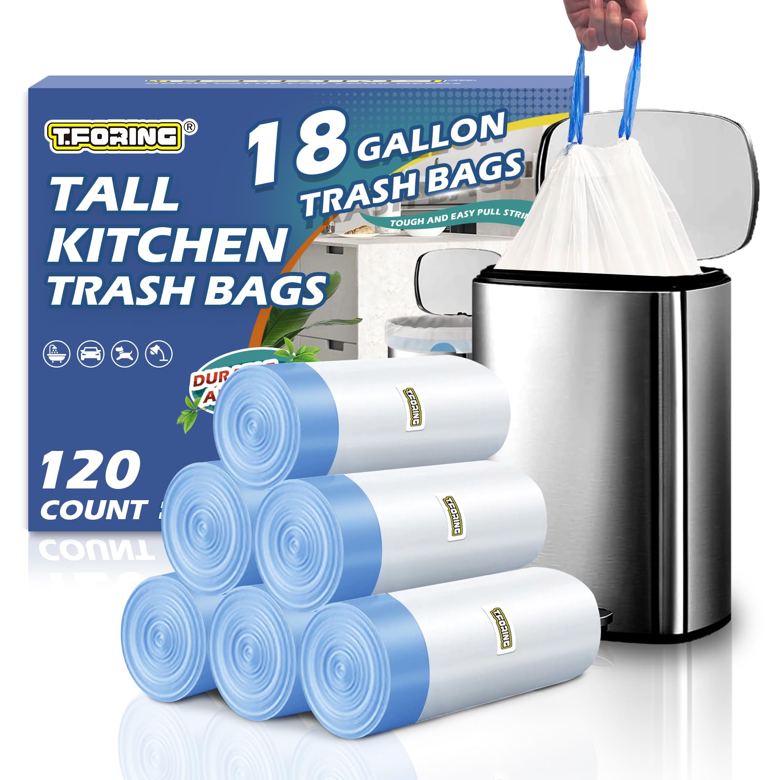Photo 1 of T.FORING 18 Gallon Trash Compactor Bags with Drawstring - 120 Count Heavy Duty 1.7 Mil Garbage Bags 68 Liter Tall Kitchen Bin Liners Unscented White for Home Yard Lawn