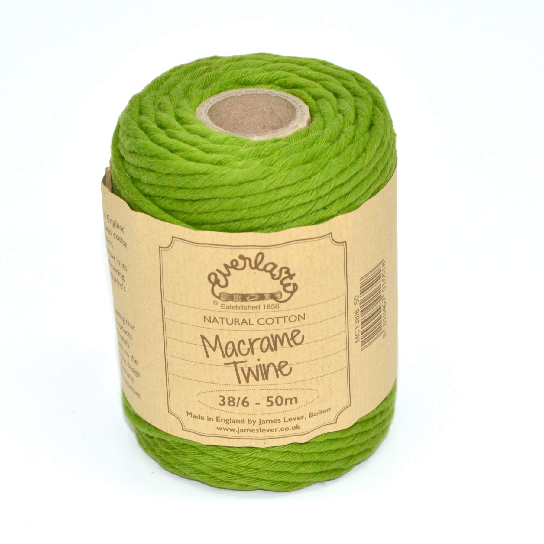 50M Spools - Everlasto Single Twist Soft Cotton Coloured Macrame Craft Twine 38/6 (4mm approx) (Lime)