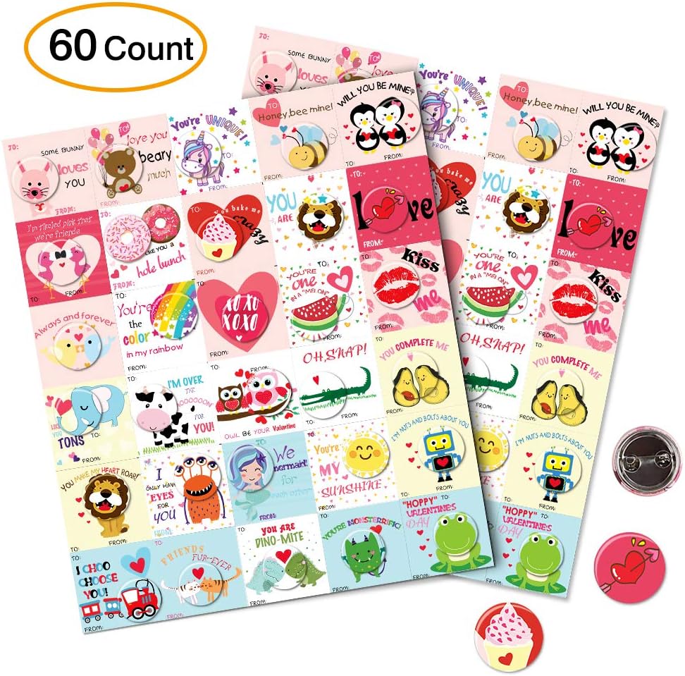 Valentine's Day Cards With Buttons Pins Valentines Favors For Kids School Gift-60 Count