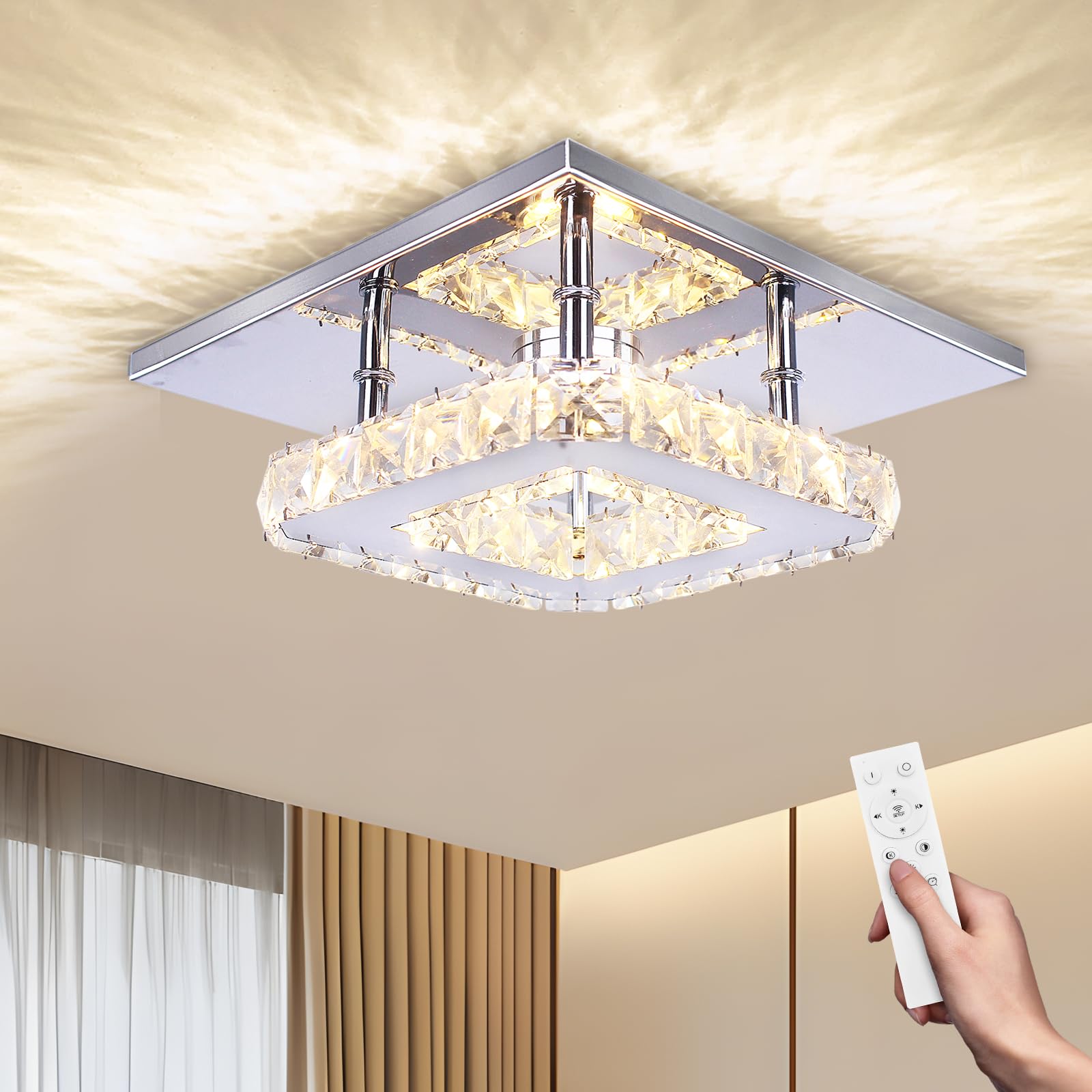 Cainjiazh Dimmable Modern Crystal Chandeliers LED Mini Ceiling Light with Remote Flush Mount Small Chandelier for Hallway Foyer Kitchen,Stair,Closet,3 Colors Adjustable, Memory Function — image 1