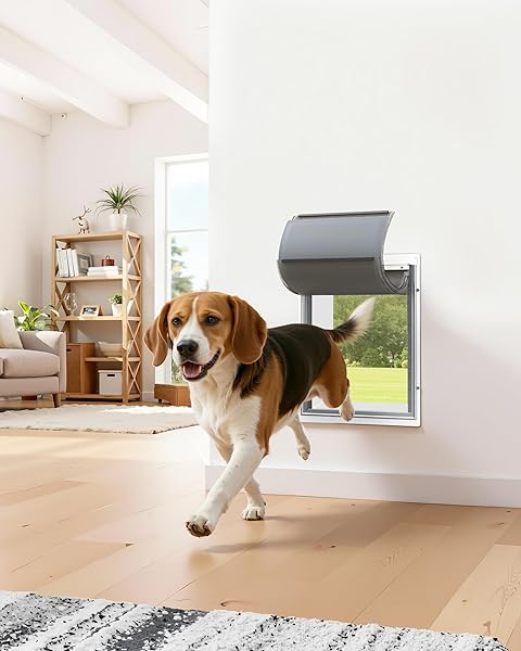 POWOOLS PET DOG DOOR FOR WALL – ROBUST STEEL PET DOOR WITH MAGNETIC TRIPLE FLAPS, 12.6″ X 10″ FLAP OPENING, ADJUSTABLE TUNNEL FOR 3.4″-6″ THICK PVC, WOOD, DRYWALL, FOR PETS UP TO 45LB, WHITE