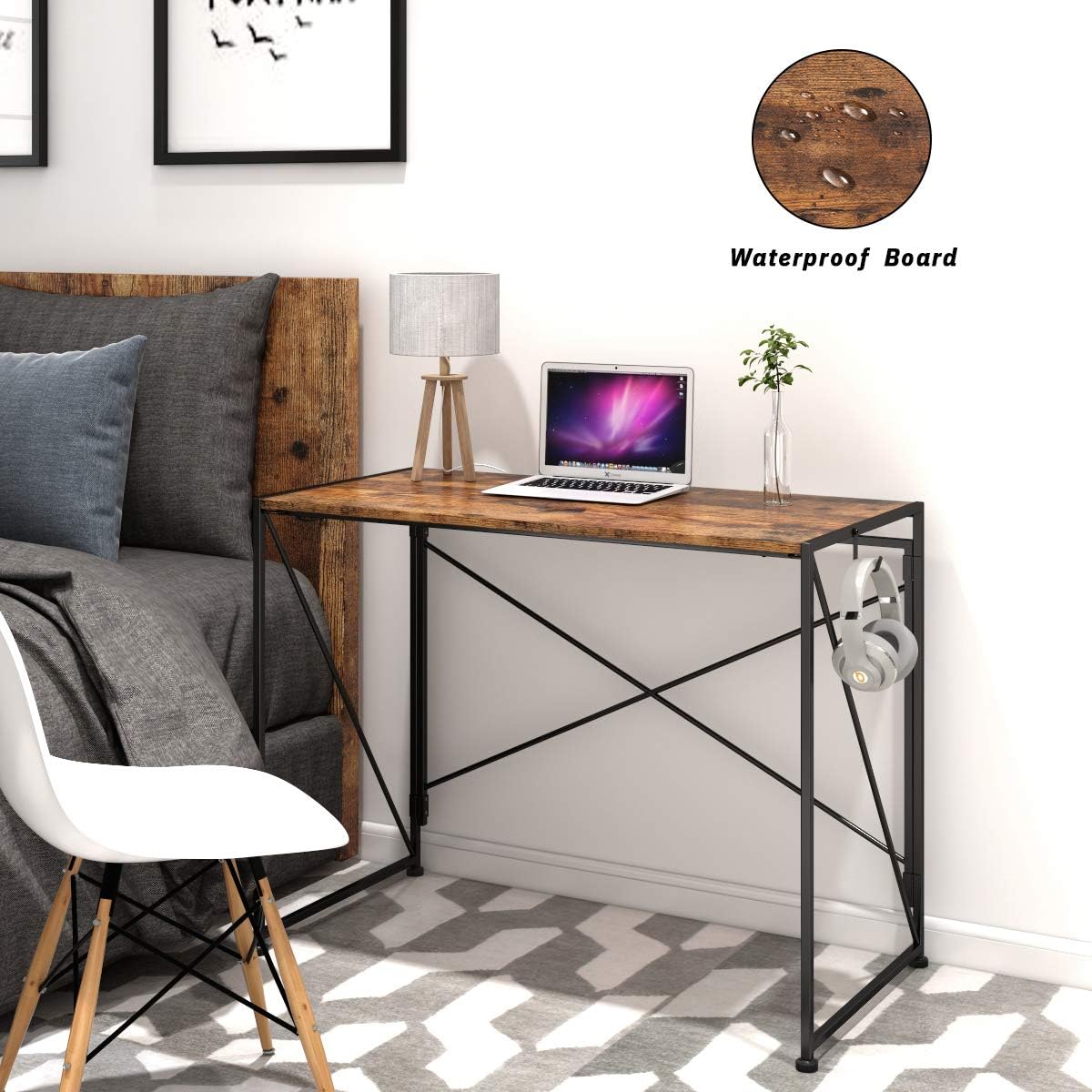 Engriy Folding Computer Desk, 39" Writing Study Desk for Home Office, Simple Industrial Style Wood Table Metal Frame for PC Laptop Notebook: Kitchen & Dining