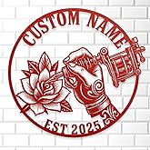 Personalized Tattoo Artist Metal Wall Sign, Custom Name Ink Studio Decorative Sign, Tattoo Machine and Flower Design Wall Decor, Gift for Tattooists, Ink Studio or Home Tattoo Room Decoration