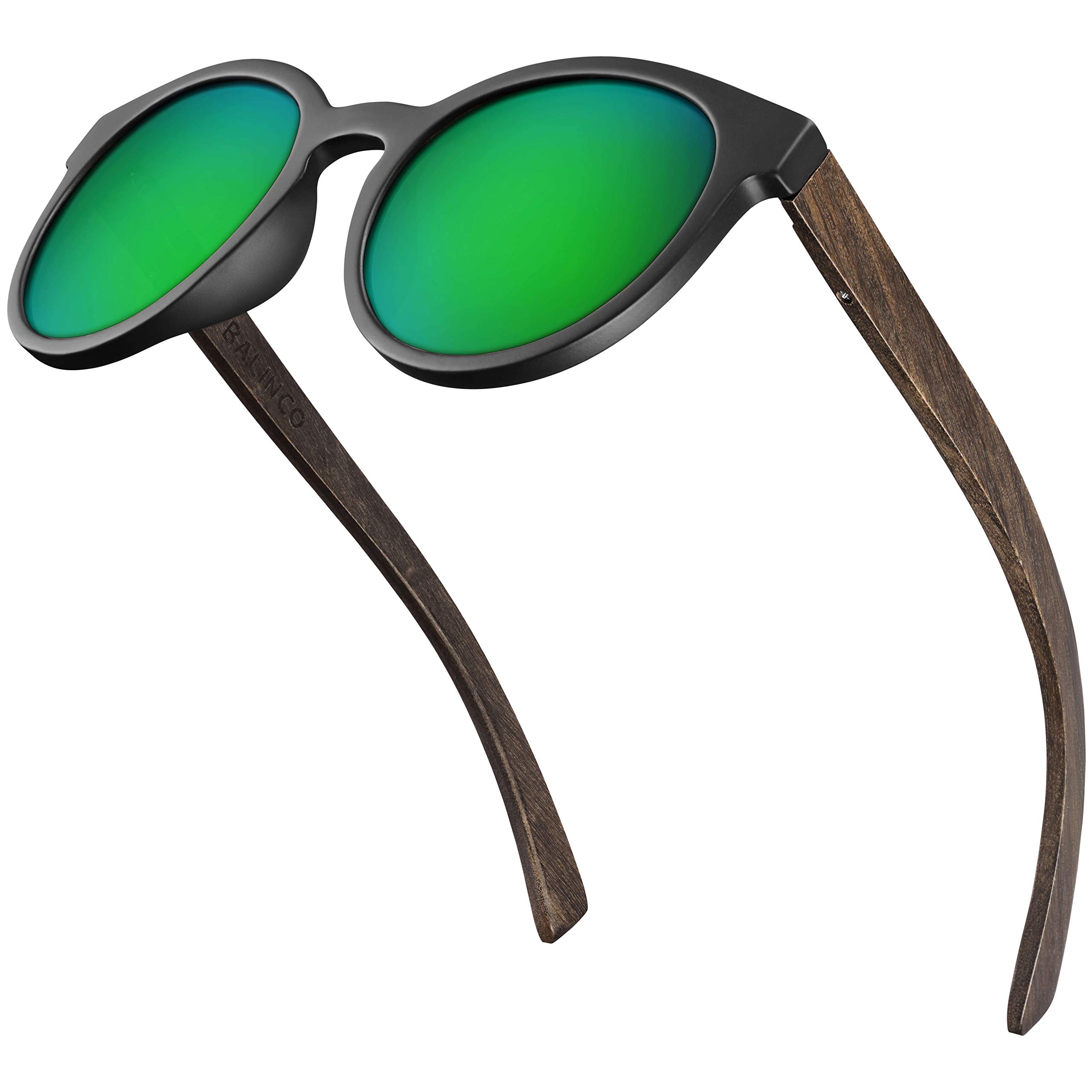 Balinco® Bamboo Sunglasses with round polarised lenses - in practical accessory set incl. gift box - with UV400 protection & TAC lenses - suitable for men & women (green mirrored)