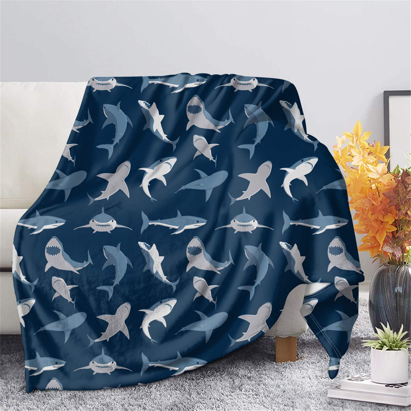 HUGS IDEA Flannel Fleece Microfiber Throw Blanket, Shark Cartoon Animal Pattern Basic Size & Full Size, Lightweight Cozy Plush Microfiber Bedspreads - S