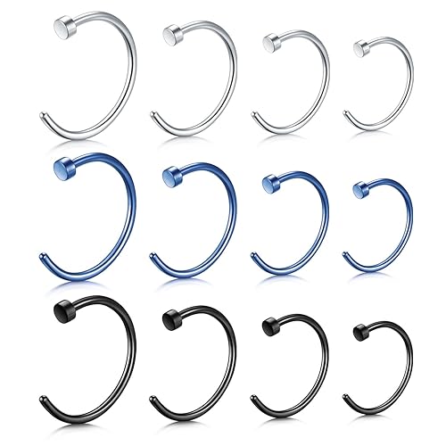 JFORYOU 12-24 Stück Edelstahl Nasenpiercing Nase Ring Nasenring Piercing Hoop 18G 1.0mm 6mm 8mm 10mm 12mm