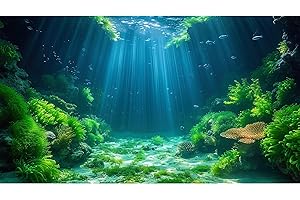 Riivvdise Aquarium Background Aquatic Plants Soft Algae Terrarium Backdrop Underwater World Fish Rock with Moss Sunlight Rays Fish Tank Background Aquarium Wallpaper Poster Decor Vinyl 24x12in