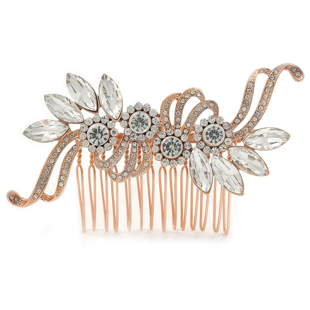 Bridal/Wedding/Prom/Party Rose Gold Tone Clear Crystal Floral Hair Comb - 90mm W