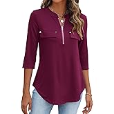 Halife Women's 3/4 Length Sleeve V Neck Flowy Tunic Blouses Work Tops Shirts with Zippers