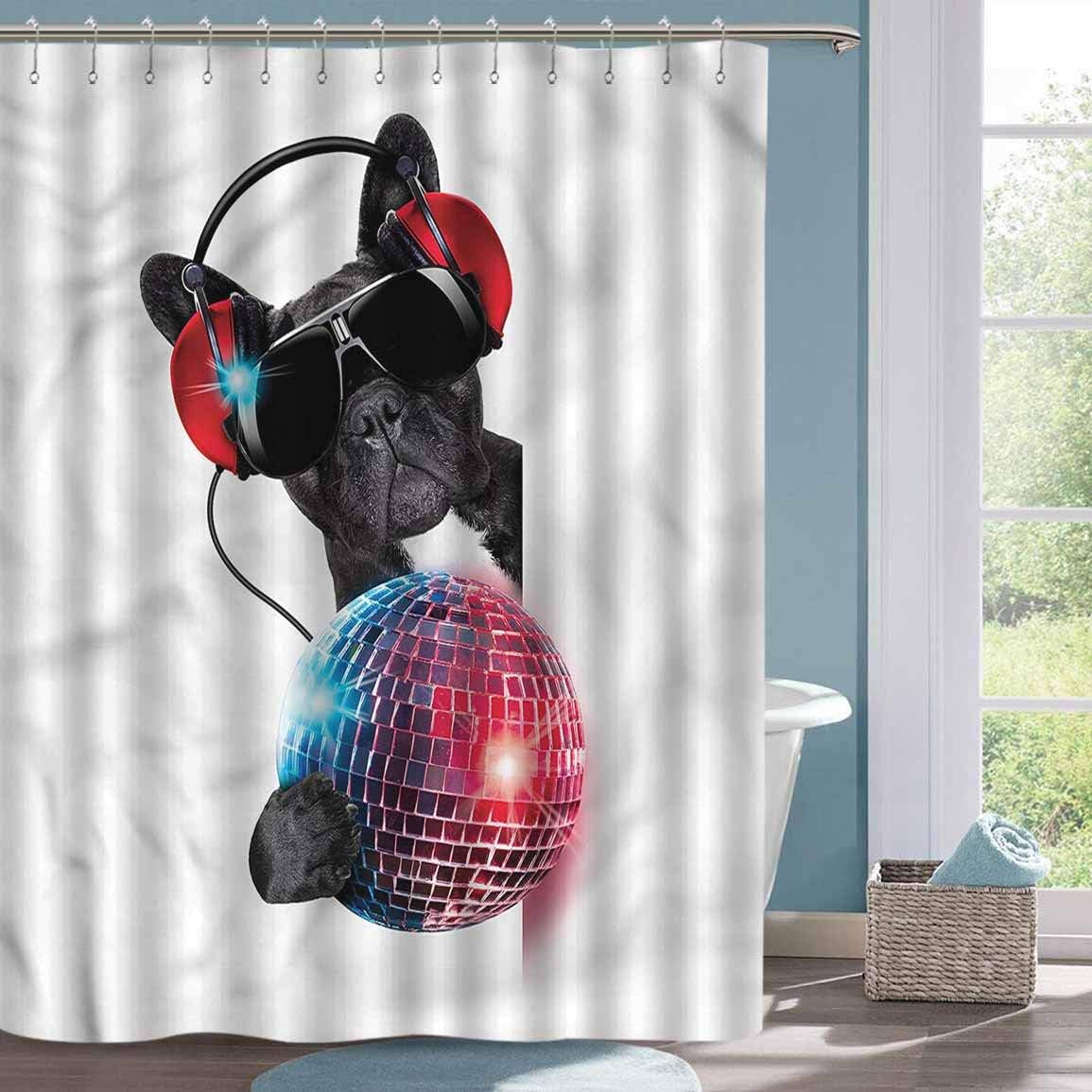 Fun Shower Curtain Music DJ Bulldog in Party Puppy Bathroom Shower Curtain W70 xL74