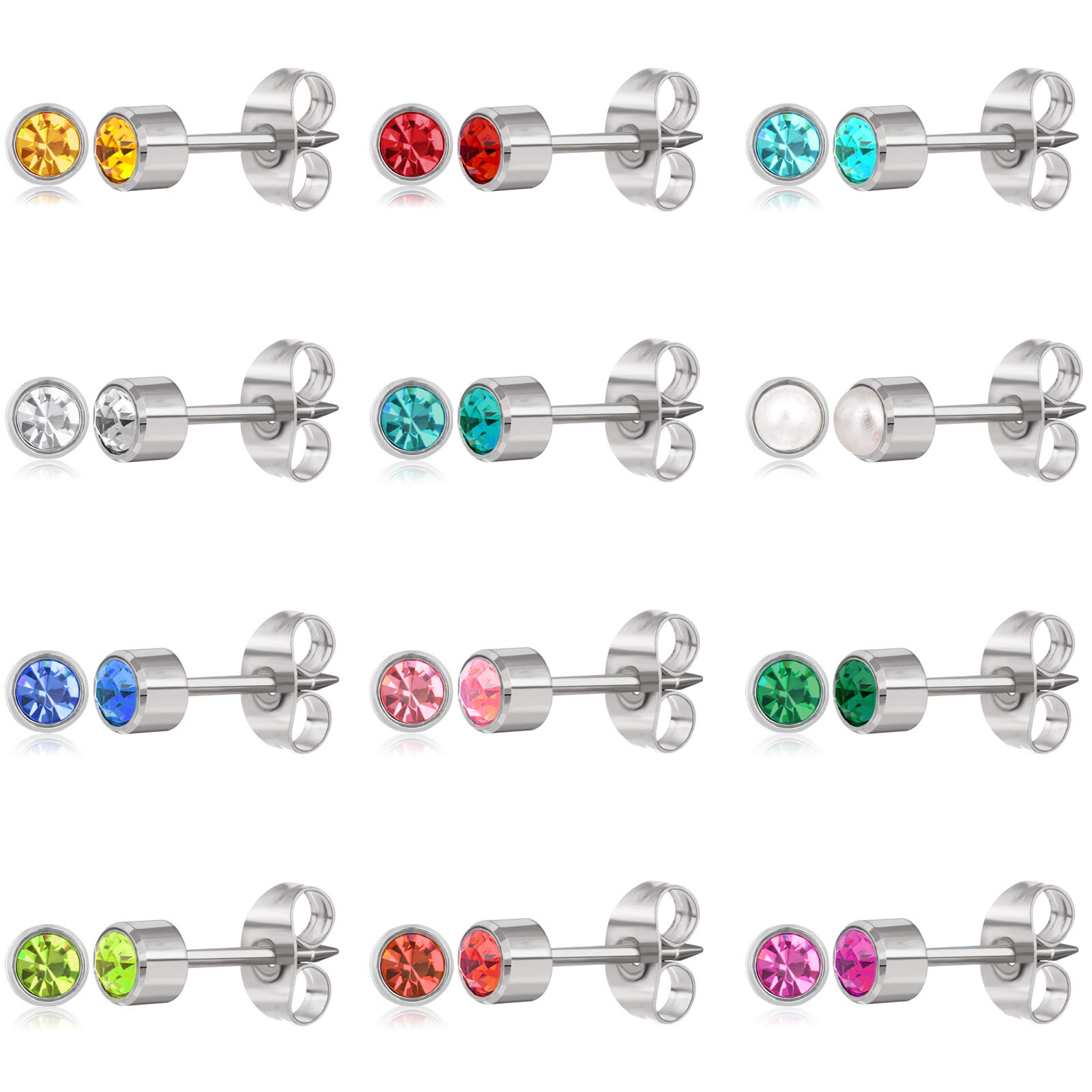 Peerless 12 Pairs Stud Earrings for Women, Stainless Steel Stud Earrings Round Colorful Zircon Stud Earring Set (Silver)