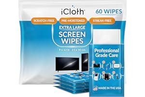iCloth XL Screen Cleaning Wipes, Lint-Free and Streak-Free, Fast-Drying, Removes Dust, Fingerprints, and Smudges (60 Wipes)