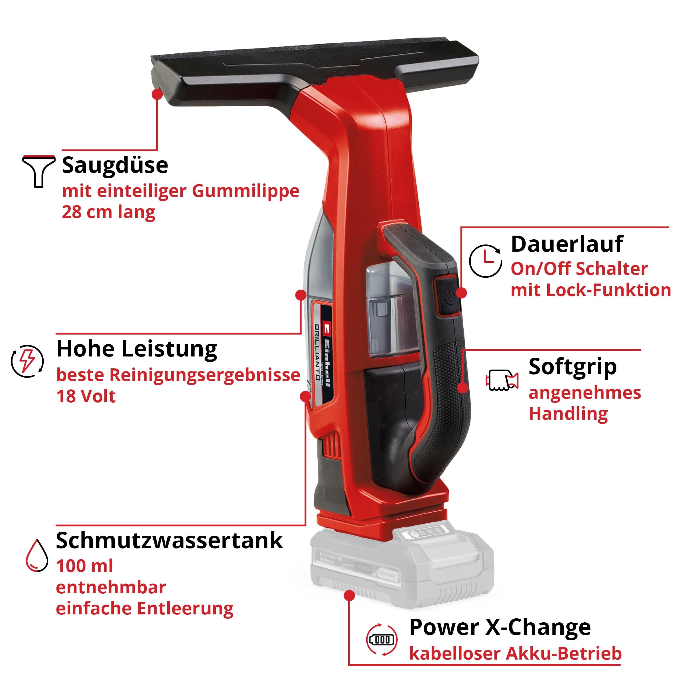 Einhell Akku-Fensterreiniger BRILLIANTO Power X-Change (18 V, 28 cm Lange Saugdüse, streifenfreie Reinigung, inkl. Sprühflasche mit Mikrofasertuch, ohne Akku) 3