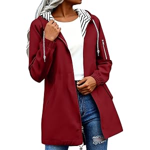 Ozmmyan Womens Long Rain Jackets Striped Lined Full Zip Hooded Raincoats | Lightweight Raincoat for Ladies Waterproof Rain Ja