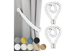 Porlau 2 Pack White Magnetic Soft Curtain Tiebacks Cotton Hand-Woven Tieback Holdback Home Decorative Tie Backs with Wooden Buckle for Home Office Decor