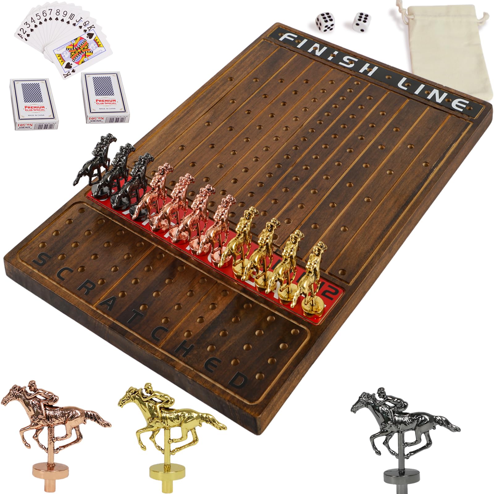 Jyquorp Horse Race Board Game Racing Game Thickened Solid Wood with 11 Luxurious Durable Classic Metal Horses with 2 Dice and 2 Boxes of Cards Horse Racing Game (Rustic Brown, Rectangle)