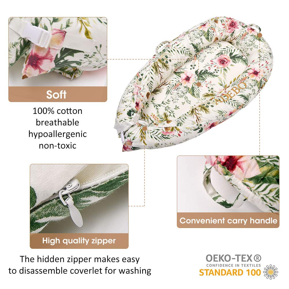 Adebo Premium Baby Nest(Flowers)-Portable Infant Lounger Bassinet, Perfect for Co-Sleeping -Super Soft & Breathable and 100% Cotton Newborn Crib-Suitable from 0-12 Months: Baby