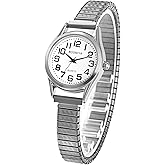 JewelryWe Women's Big Dial Easy Reader Watch Gold/Silver Tone Elastic Stretch Band Wristwatch for Valentine's Day