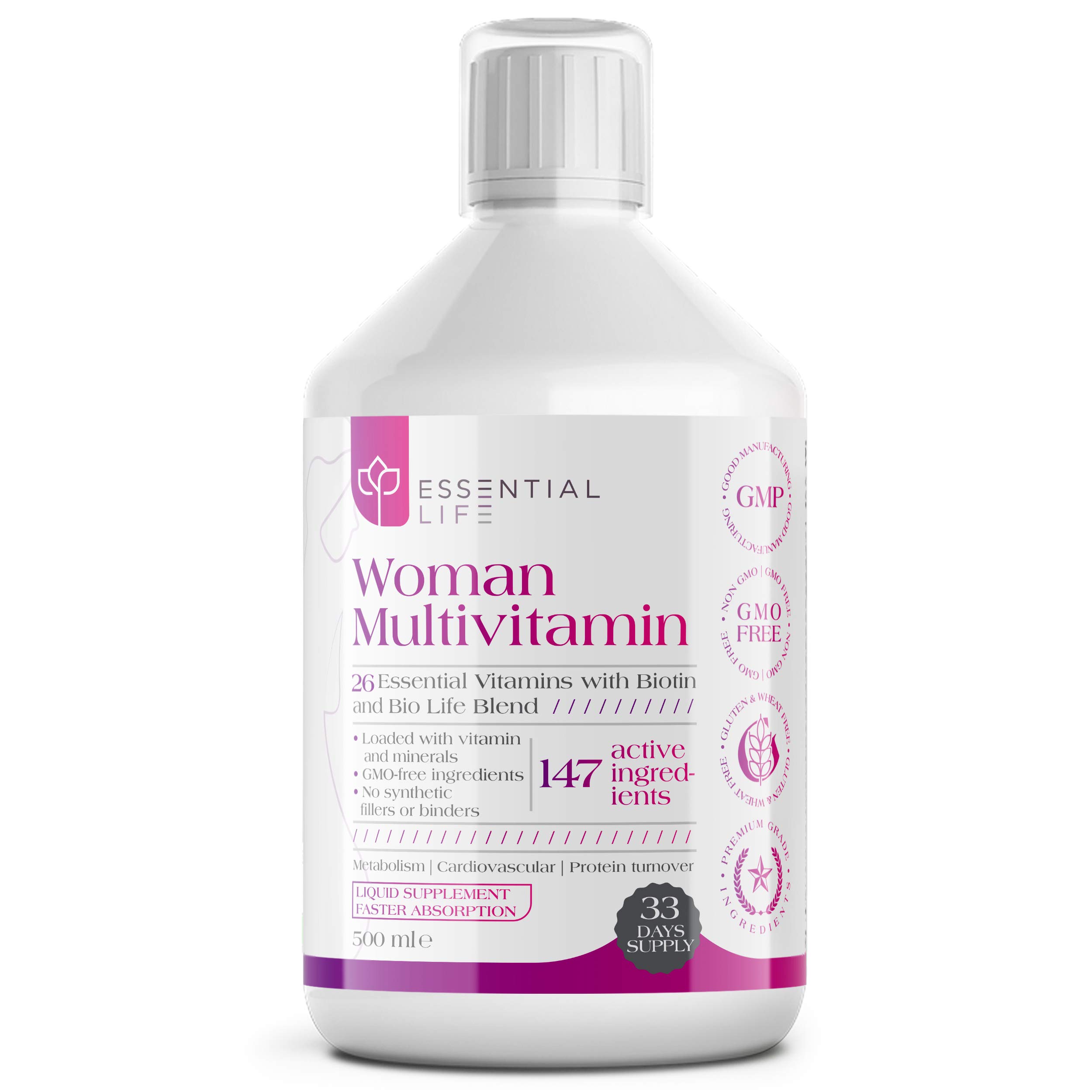 Essential Life Multivitamin Liquid for Women - Women's Vitamins and Minerals with 26 Essential Vitamins - Immune Boost Multivitamin Supplement for Women Containing Liquid Vitamin C, D, B12-500 mL