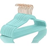 MIZGI Premium Velvet Hangers - Heavy Duty Non Slip Felt Hangers (50 Pack) - Aqua Blue & Rose Gold Hooks, Space Saving & Durable for Suits & Coats