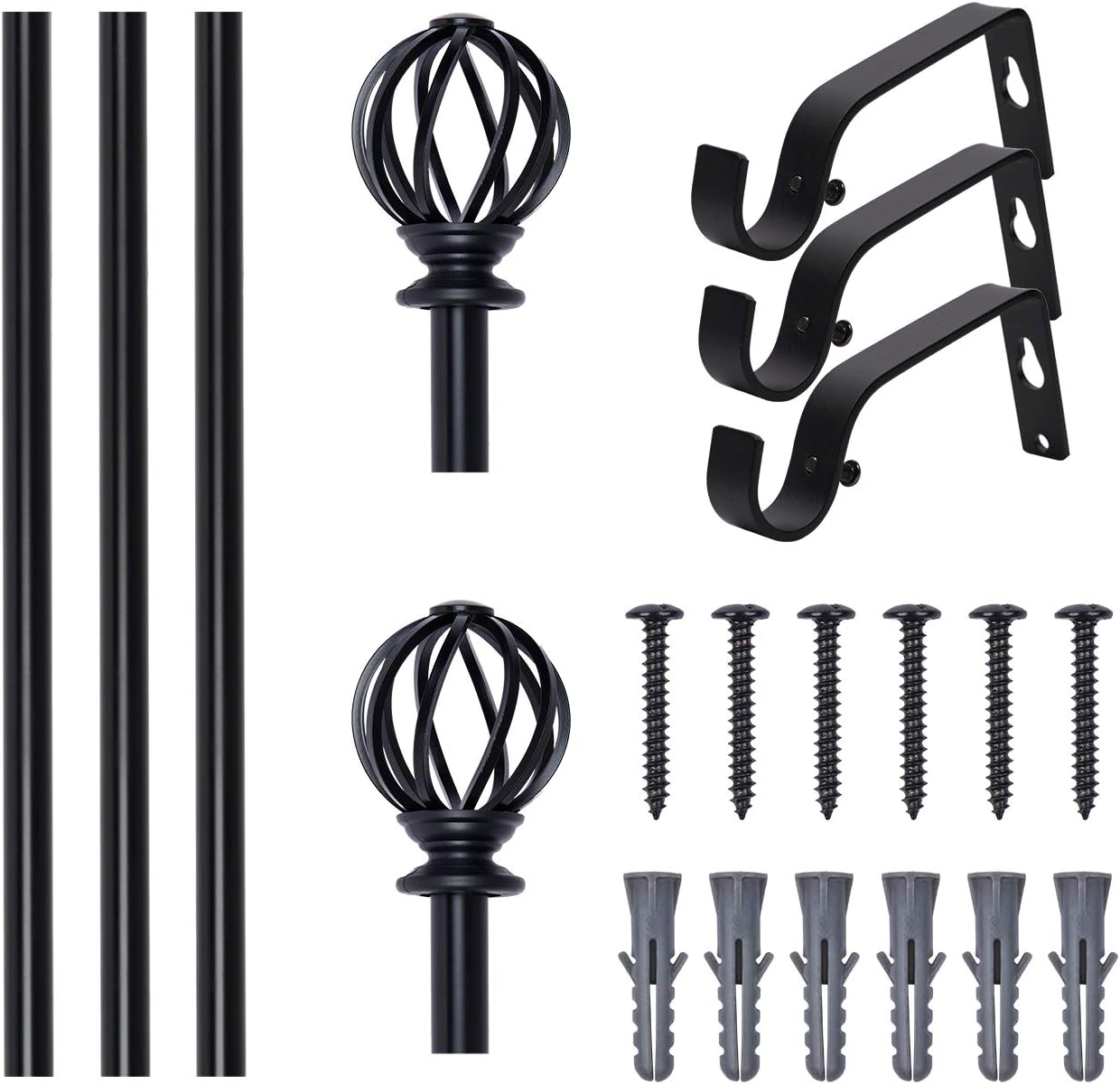 BOOM JOG Window Curtain Rod with Cage Finials, 3/4" Decorative Window Treatment Single Rod Set, 66 to 120", Black: Home & Kitchen