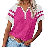Women Henley Raglan Short Sleeve Tops Color Block Summer Tee Shirts Button Down Y2K Casual T-Shirts