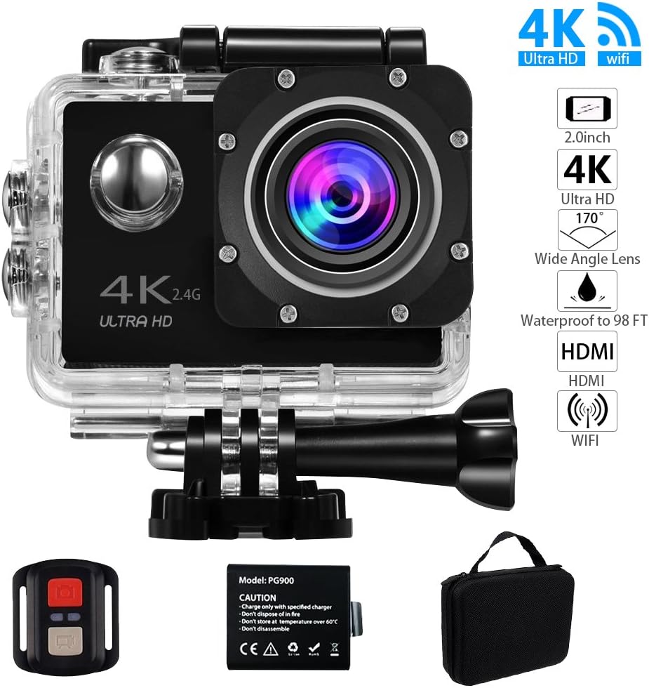Action Camera, Evaline Action camera 4K WiFi Ultra HD Waterproof Sports Camera 1080P 12MP 2 Inch LCD Screen 170 Degree Wide Angle Sport Video Cam Includes Portable Package and Accessories Kits - Black