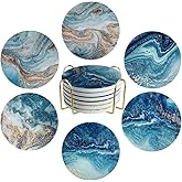 Ceramic Coasters Set of 6, Marble-Textured Design with Holder - Absorbent Cork-Backed Coasters for Cups, Bar & Coffee Table Decor Accessories (Blue Ocean, 6 Pack)