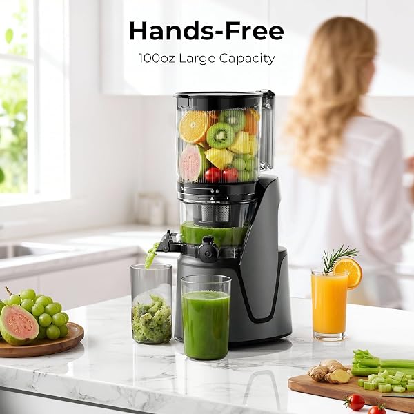 EANORUUS JUICER MACHINES, 3-IN-1 COLD PRESS JUICER WITH 6.5″ EXTRA LARGE CHUTE, 100OZ LARGE CAPACITY, AC MOTOR, MAKES JUICE, NUT MILK & SORBET, PREMIUM GRAY