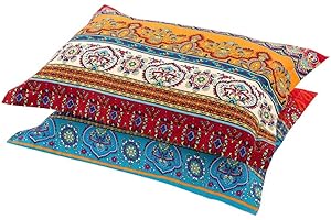 HNNSI Exotic Striped Bohemia Pillow Shams Queen Size 2 Pieces,100% Brushed Cotton Thick Boho Pillow Cases Bohemian Pillow Cov