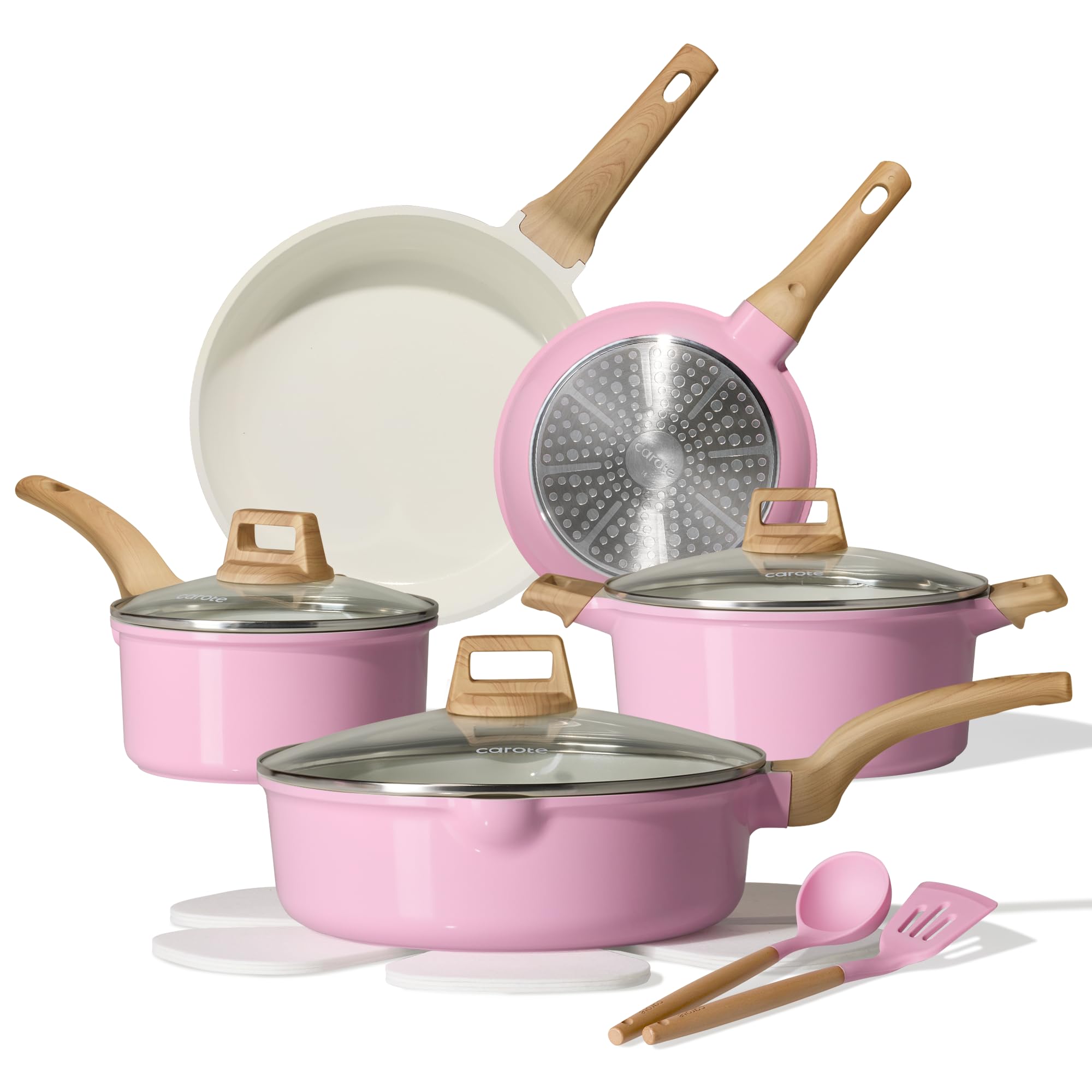 CAROTE Ceramic Cookware Set, 14 PCS Pots and Pans Set Non Stick, Pot and Pan Set with Frying pan, Induction Ready Cooking Set for Kitchen, PFOS/PFOA/PFAS Free, Pink Image