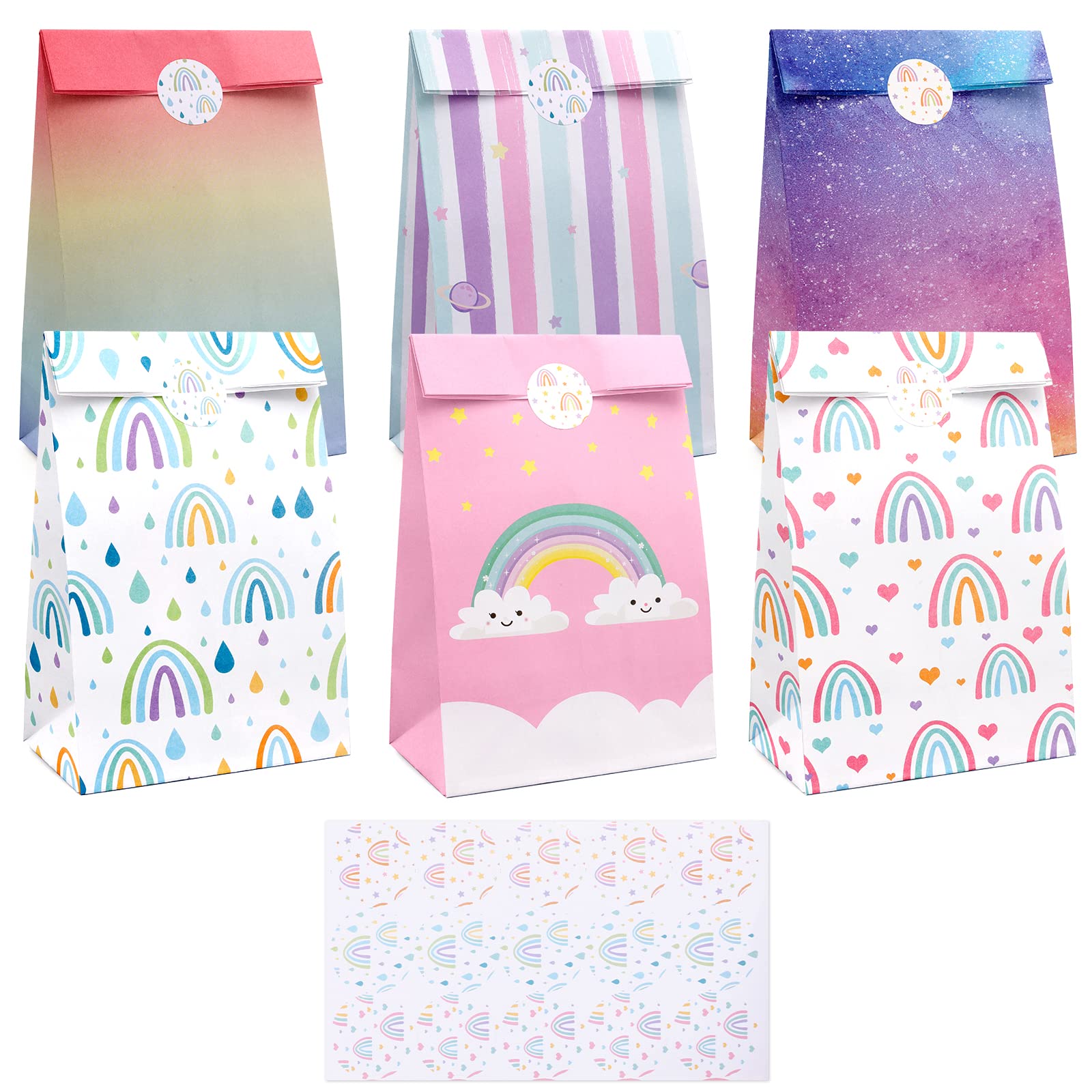Miying Rainbow Paper Bags - 12 Sweet Gift Bags With 15 Stickers for Baby Shower, Unicorn Pinata, Wedding, Birthday Party