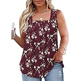 VOGRACE Plus-Size-Tank-Tops for Women Summer Pleated Square Neck Tunics Trendy Casual Floral Print Sleeveless Shirts 1X-5X