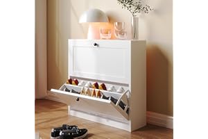 VOWNER Shoe Cabinet with 2 Flip Drawers, Freestanding Shoe Storage Cabinet with Adjustable Shelf & Anti-Tipping Device, Shoe Rack for Entryway, Hallway, Living Room (White)