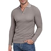 YTD Men's Muscle V Neck Polo Shirts Slim Fit Long Sleeve Golf T-Shirts Ribbed Knit Soft Casual Tees