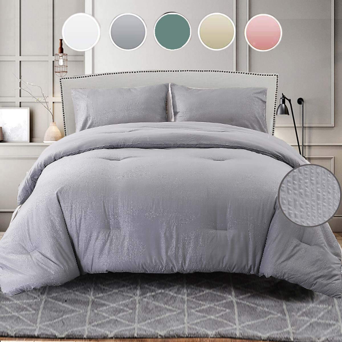 Nanko Seersucker Queen Comforter Set 3PC All Season Reversible Down Alternative Quilted Duvet Insert, Microfiber Filling, Luxury Hotel Quality Bedding Sets in a Bag, Size 90 inch, Grey Gray