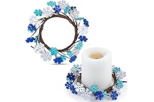Daifunli 2 Pcs Winter Blue Snowflake Candle Rings Snowflake Wreath Glitter Vintage Wood Wreaths for Pillar 3.9 Inch Candles Holder for Winter Christmas Rustic Table Centerpiece Decor
