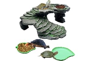BZCWHWY 3PCS Turtle Basking Platform Tortoise Resin Dock Tortoise Climbing Ramp Shale with Leaf Tortoise Food Dish Reptile Food Water Bowls Great for Reptiles,Amphibians and Fish