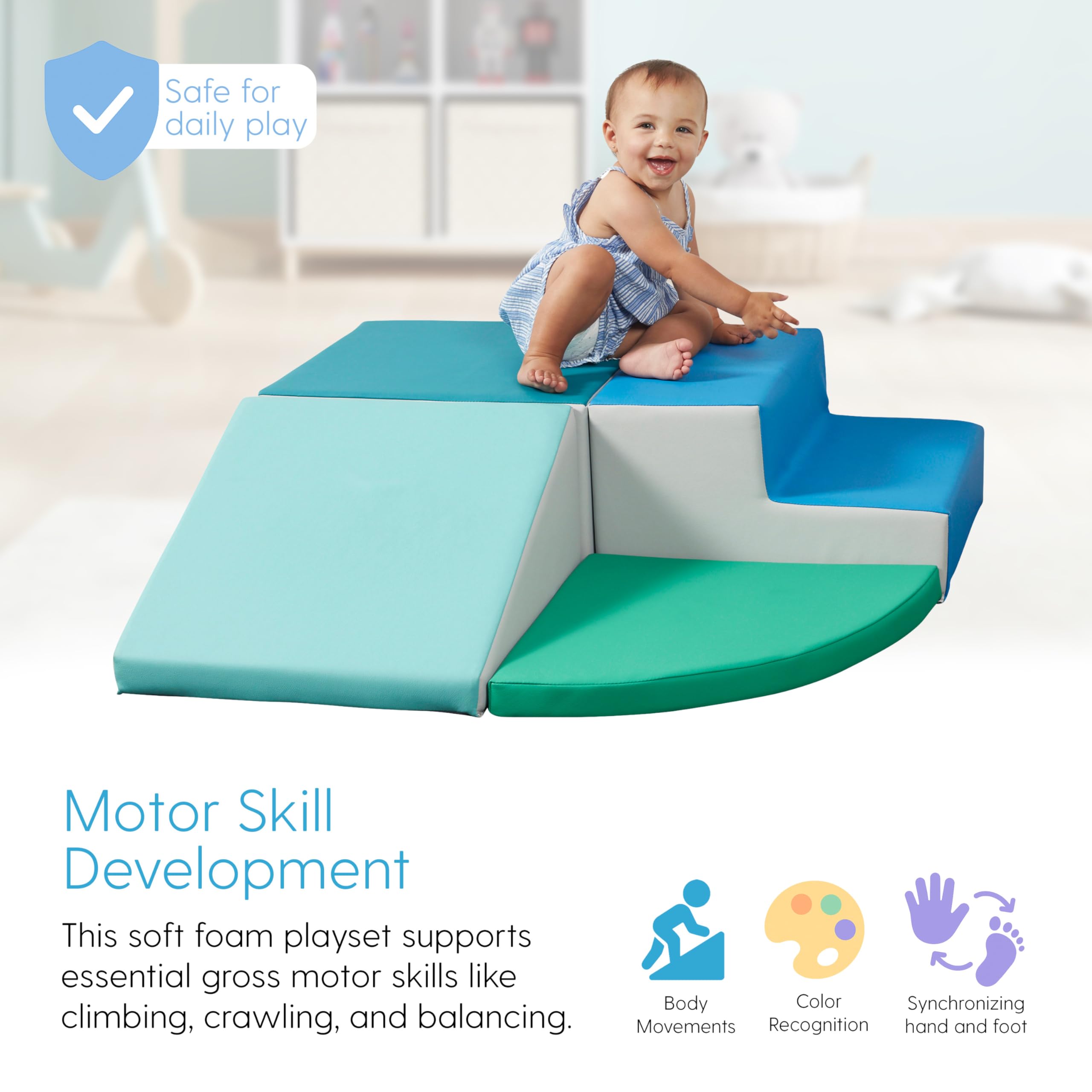 SoftScape Toddler Playtime Corner Climber, Indoor Active Play Structure for Toddlers and Kids, Safe Soft Foam for Crawling and Sliding (4-Piece Set) - Contemporary/Green, 11619-CTGN