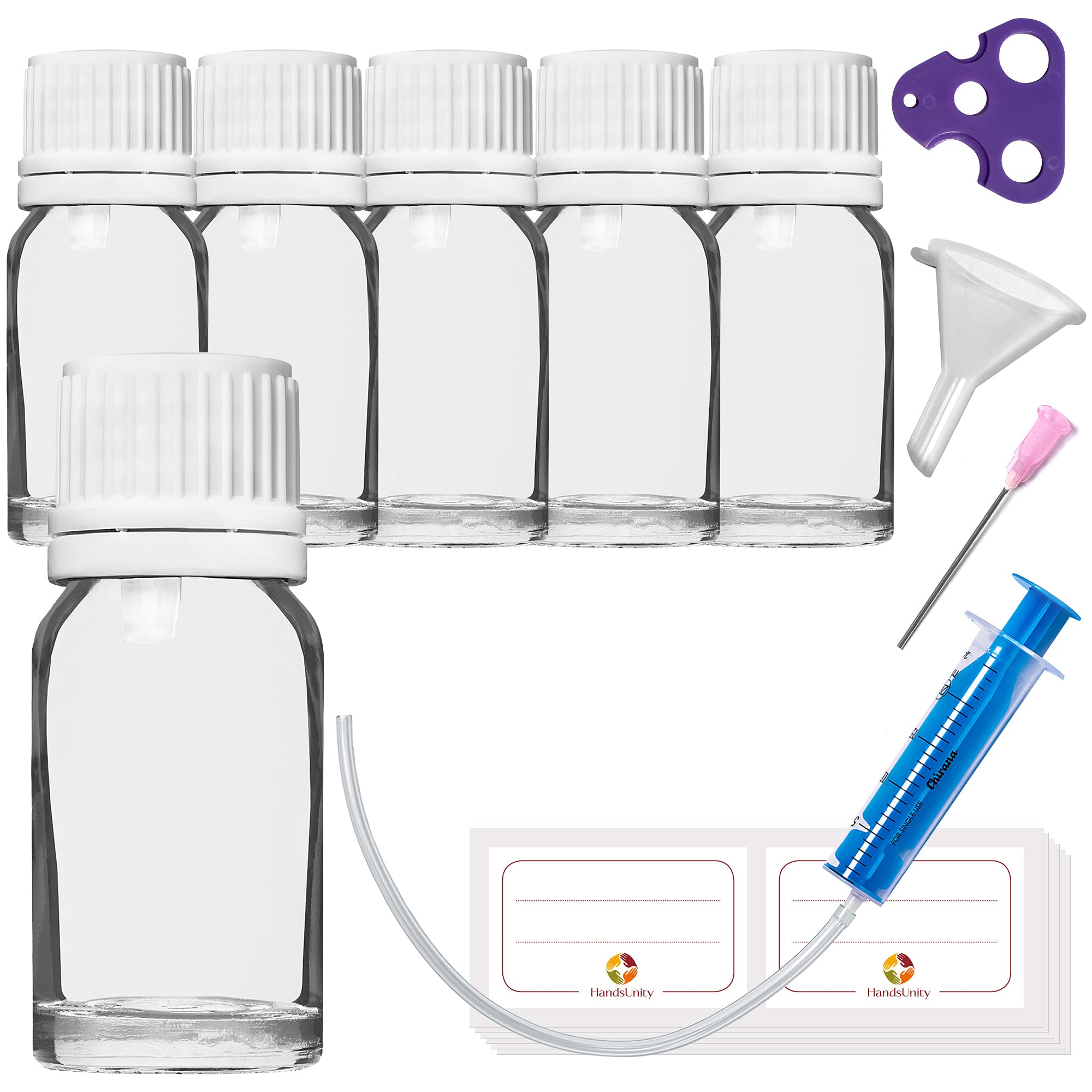 HandsUnity 10 ml - 6 x Dropper Insert Bottles - Clear Glass Bottle with Clear Glass Dropper Insert Cap - Includes 18 Accessories