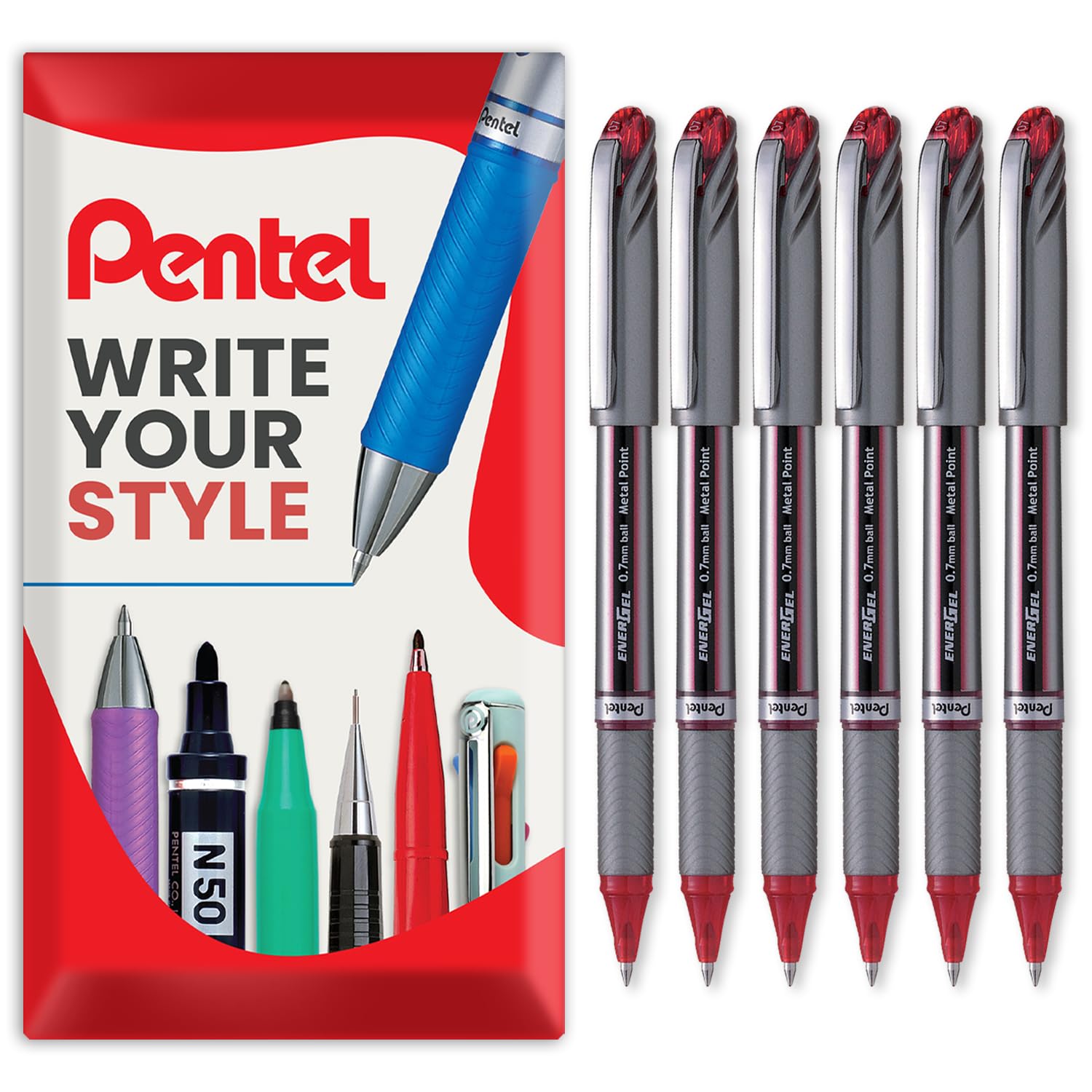 Pentel Energel BL27 Liquid Gel Ink Rollerball Pen - 0.7mm Metal Tip - In Envelope Gift Packaging (Red Pack of 6)