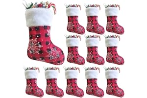 Vanteriam 7 inch Mini Christmas Stockings 12 Pack, Small Rustic Red & Black Plaid with Snowflake and Faux Fur Cuff Xmas Stockings Bulk, Gift Card Holders Cash Bags Holiday Treats for Family and Friend
