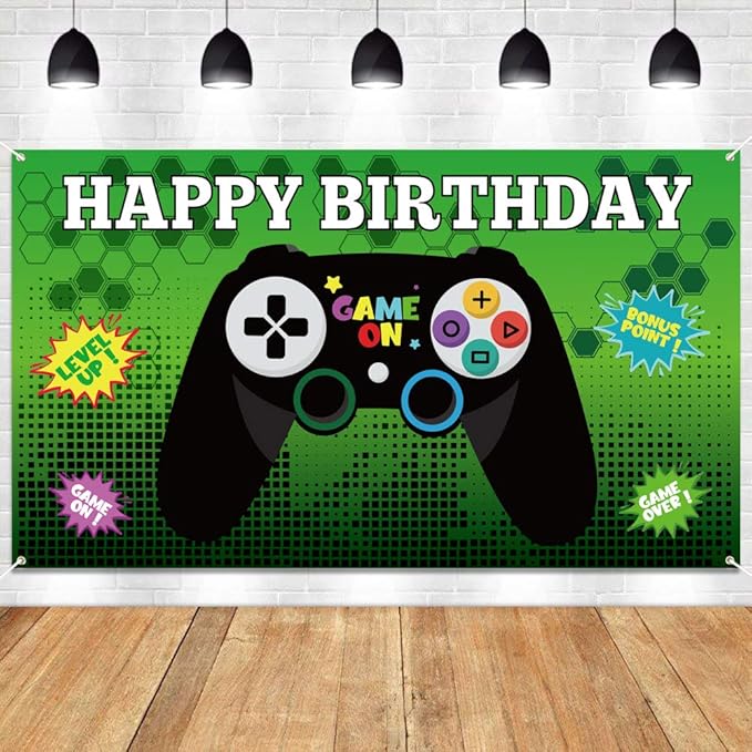 Amazon Com Pantide Video Game Happy Birthday Backdrop Banner Game On Large Poster Photo Booth Props Background Gaming Party Decorations Supplies Wall Decor For Kids Birthday Baby Shower 6 6ft X 3 8ft Toys