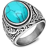 MYNENEY Retro Vintage Stone Rings for Men Turquoise Rings Stainless Steel Signet Biker Band